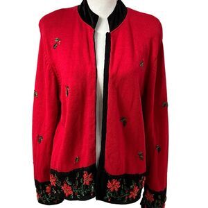 Womens Christmas Beaded Poinsettia Cardigan Sweater Size L Velvet Holiday Party